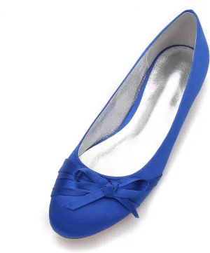 Women's Round Toe Ballet Flat Slip on Bow Tie Satin Wedding Bridal Bridesmaid Shoes