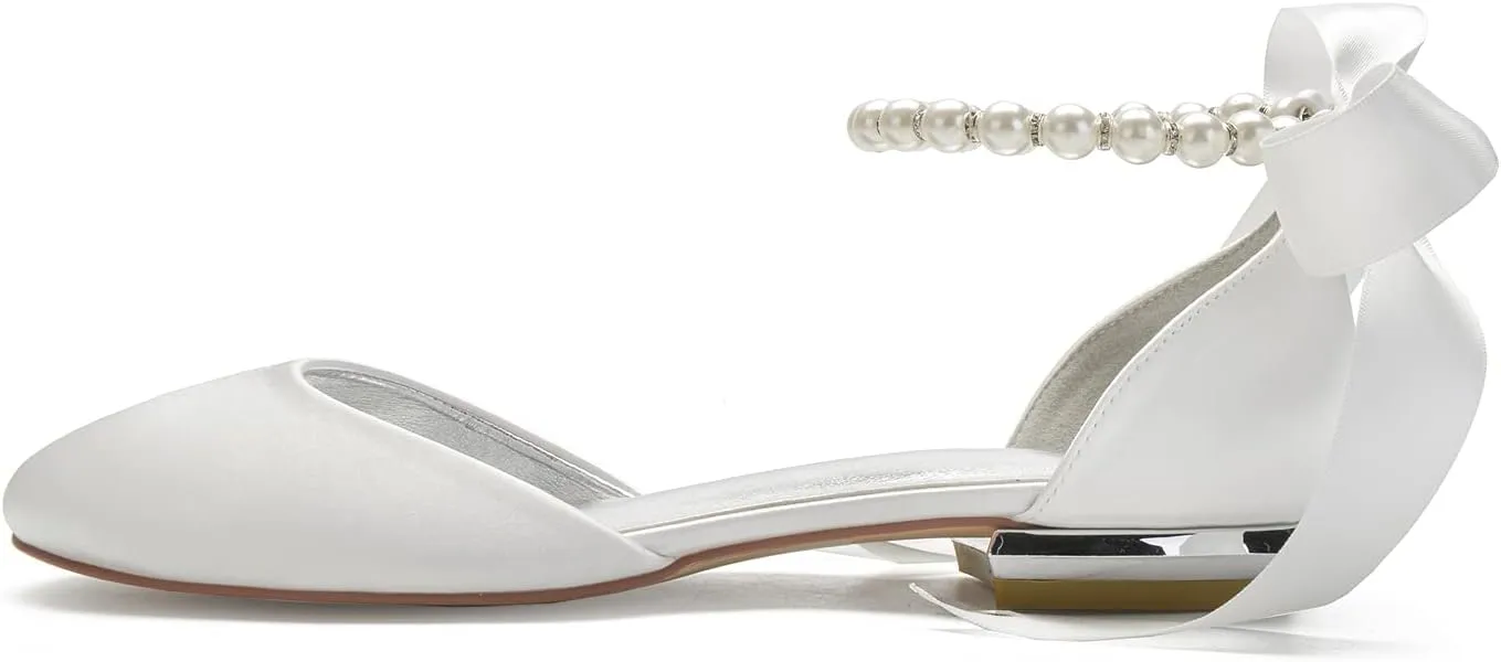 Women's Round Toe Wedding Flats Shoes for Bride Ankle Strap Pearl Formal Prom Party Dress Pumps