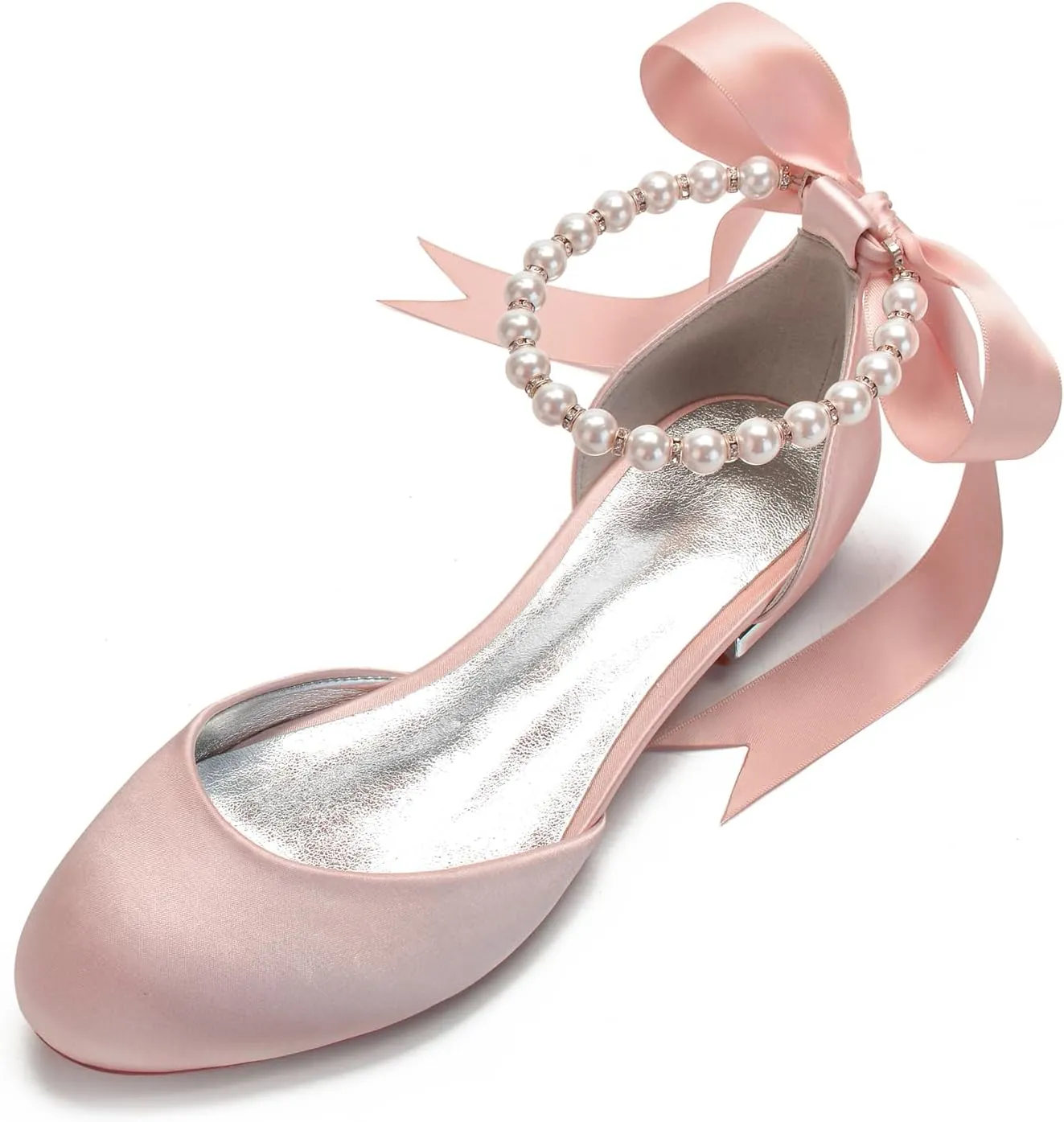 Women's Round Toe Wedding Flats Shoes for Bride Ankle Strap Pearl Formal Prom Party Dress Pumps