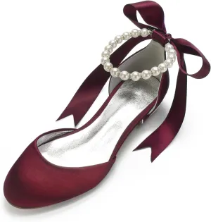 Women's Round Toe Wedding Flats Shoes for Bride Ankle Strap Pearl Formal Prom Party Dress Pumps
