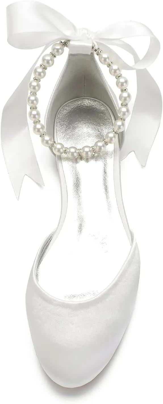 Women's Round Toe Wedding Flats Shoes for Bride Ankle Strap Pearl Formal Prom Party Dress Pumps