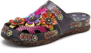 Womens Sandals Retro Ethnic Handmade Lambskin Printed boot with Western Style Round Toe Flat sole design