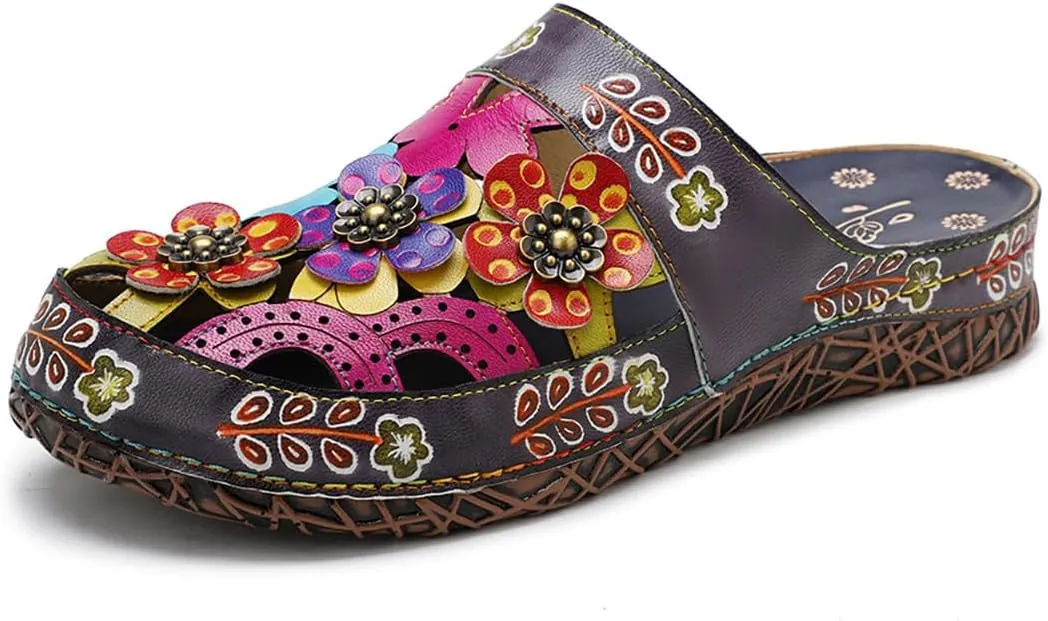 Womens Sandals Retro Ethnic Handmade Lambskin Printed boot with Western Style Round Toe Flat sole design