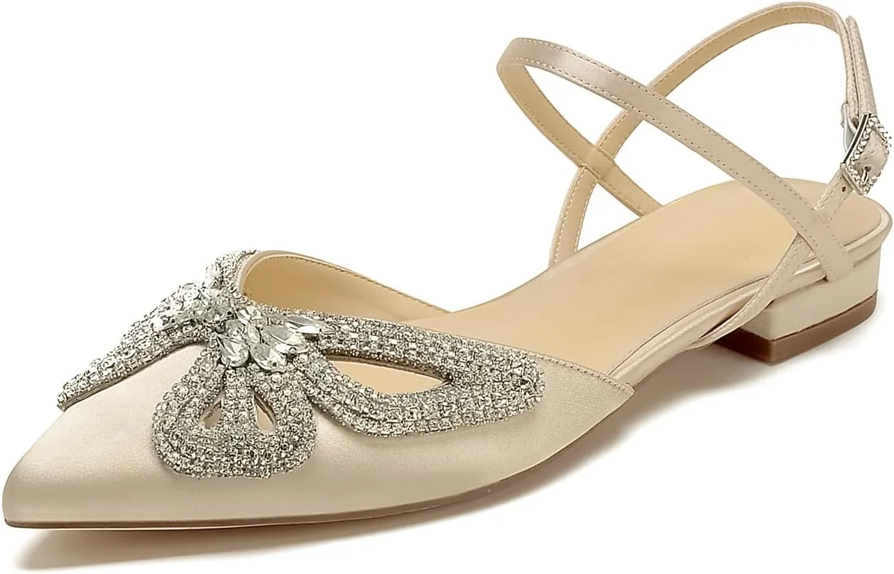 Women's Slingback Flats Rhinestones Bow Flat Pumps for Women Pointed Toe Comfort Flat Wedding Dress Shoes Sandals