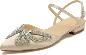 Women's Slingback Flats Rhinestones Bow Flat Pumps for Women Pointed Toe Comfort Flat Wedding Dress Shoes Sandals