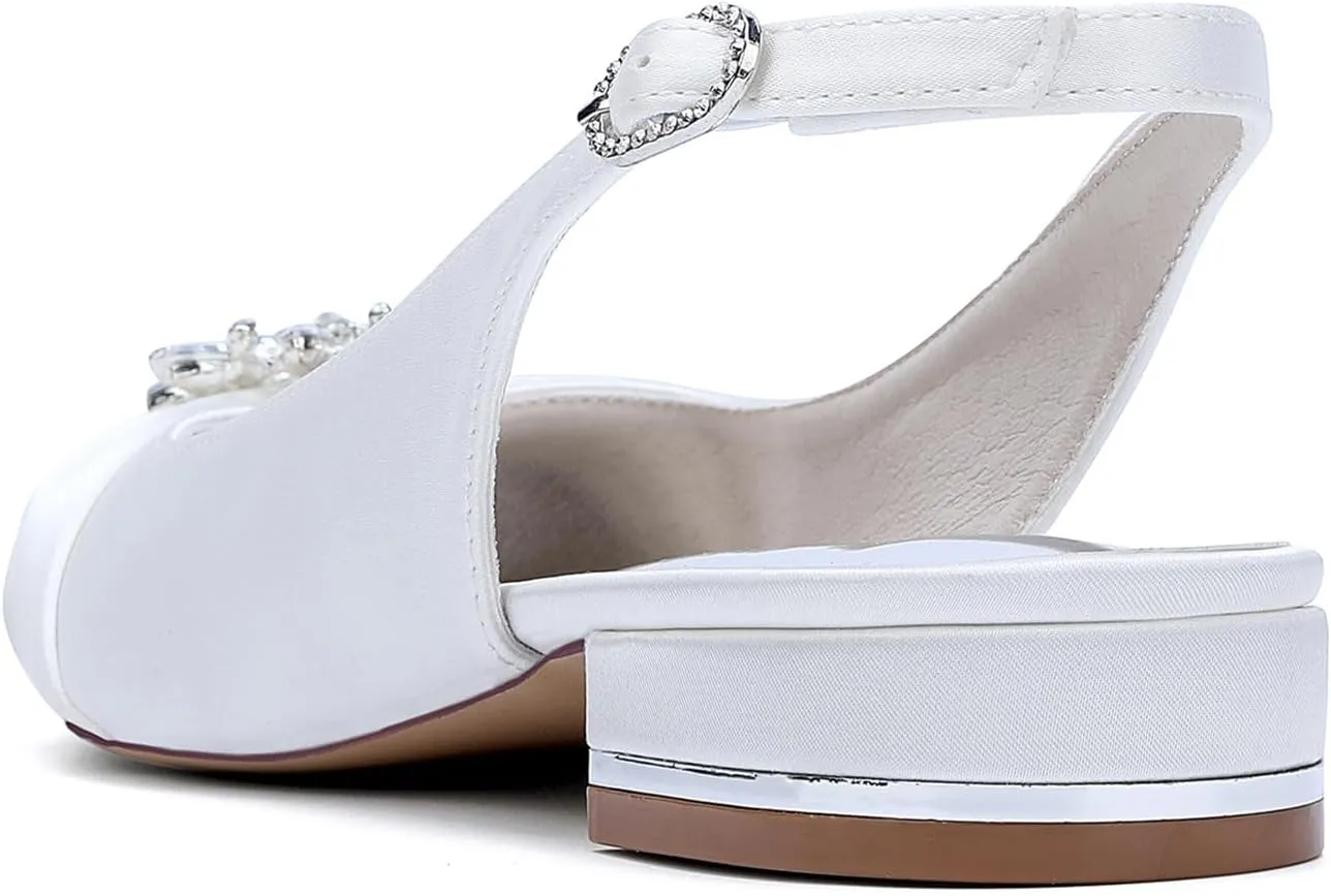 Womens Slip On Wedding Dress Shoes Rhinestones Peep Toe Low Heel Bridal Shoes Slingback Sandals Satin Work Flat