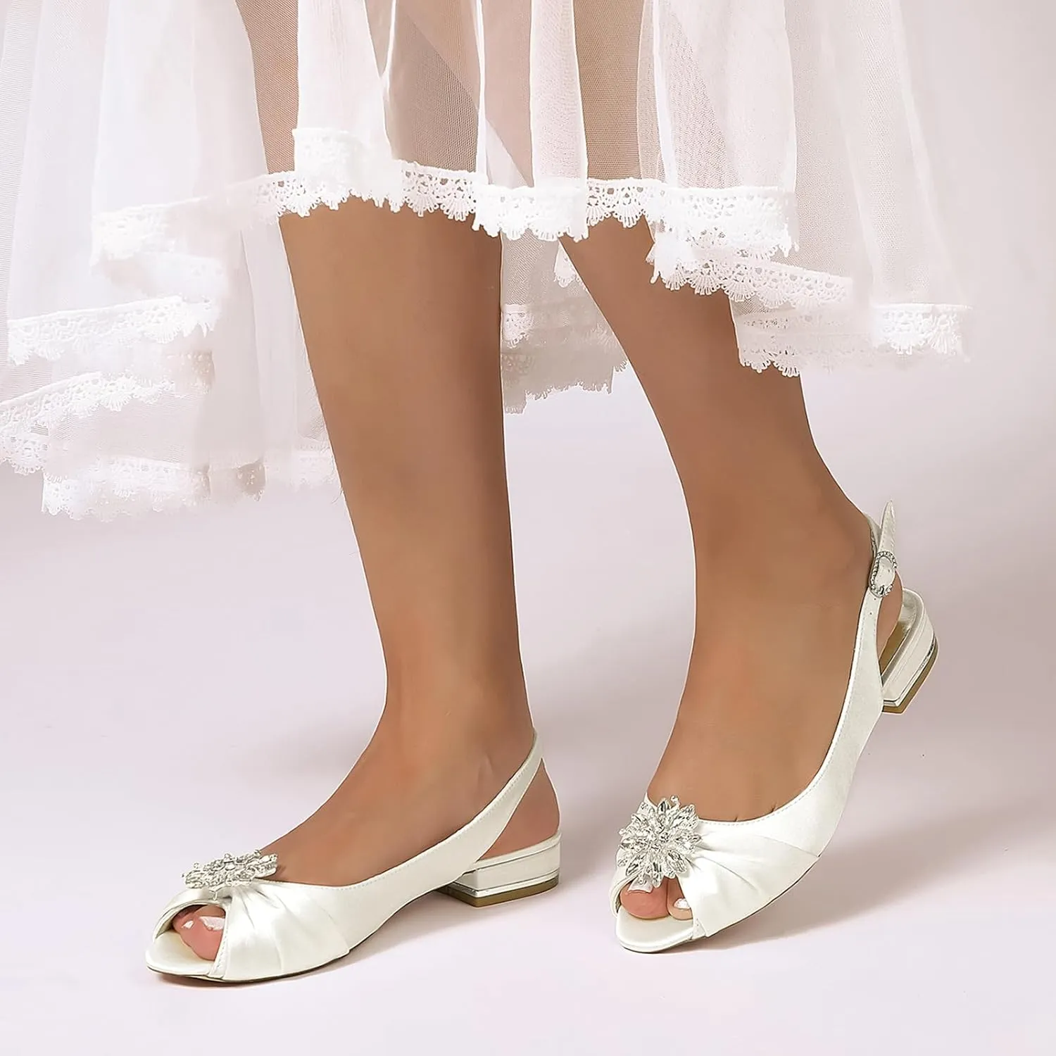 Womens Slip On Wedding Dress Shoes Rhinestones Peep Toe Low Heel Bridal Shoes Slingback Sandals Satin Work Flat