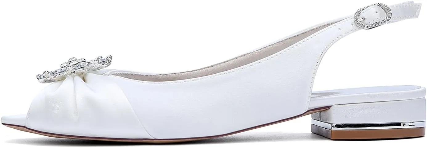 Womens Slip On Wedding Dress Shoes Rhinestones Peep Toe Low Heel Bridal Shoes Slingback Sandals Satin Work Flat
