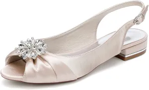 Womens Slip On Wedding Dress Shoes Rhinestones Peep Toe Low Heel Bridal Shoes Slingback Sandals Satin Work Flat