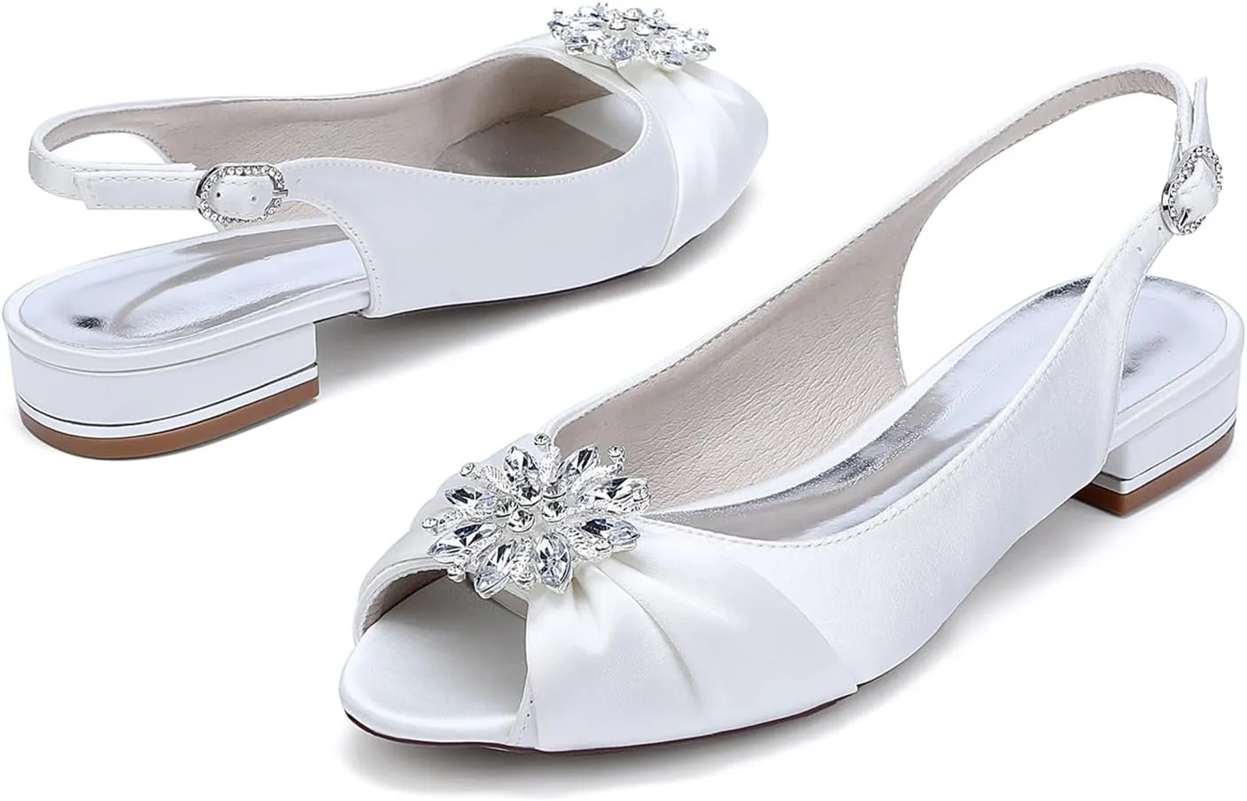 Womens Slip On Wedding Dress Shoes Rhinestones Peep Toe Low Heel Bridal Shoes Slingback Sandals Satin Work Flat