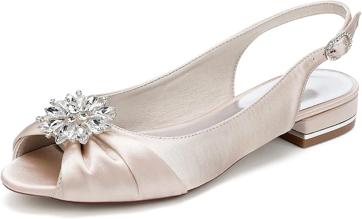 Womens Slip On Wedding Dress Shoes Rhinestones Peep Toe Low Heel Bridal Shoes Slingback Sandals Satin Work Flat