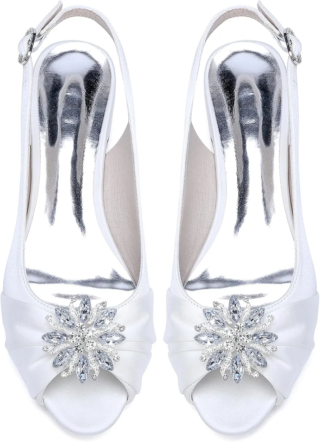 Womens Slip On Wedding Dress Shoes Rhinestones Peep Toe Low Heel Bridal Shoes Slingback Sandals Satin Work Flat