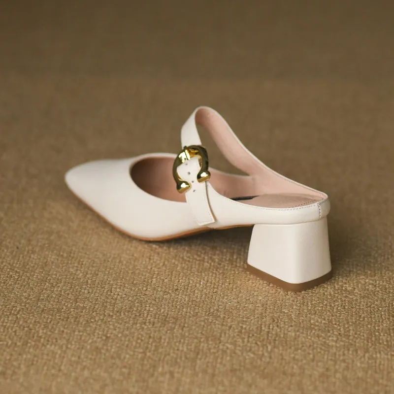 Women's Square Toe Comfortable Buckle Up Chunky Heel Mule Pump