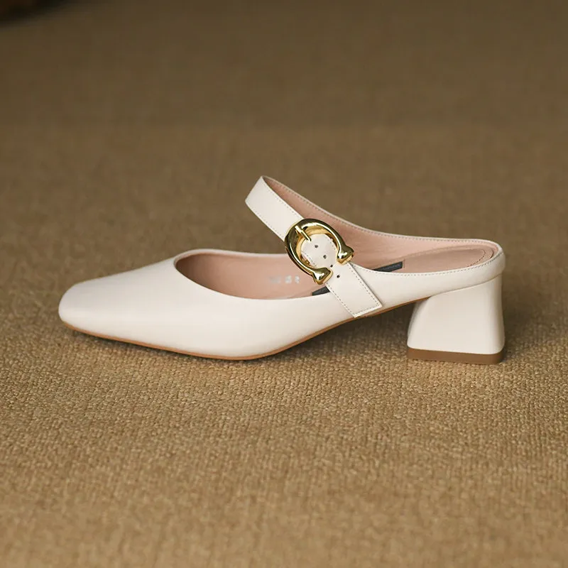 Women's Square Toe Comfortable Buckle Up Chunky Heel Mule Pump