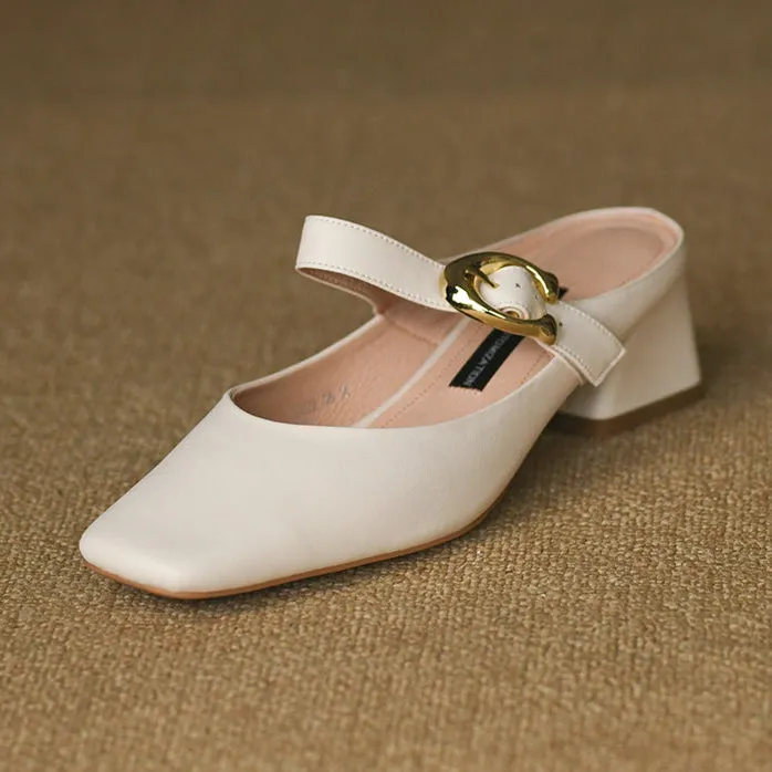 Women's Square Toe Comfortable Buckle Up Chunky Heel Mule Pump