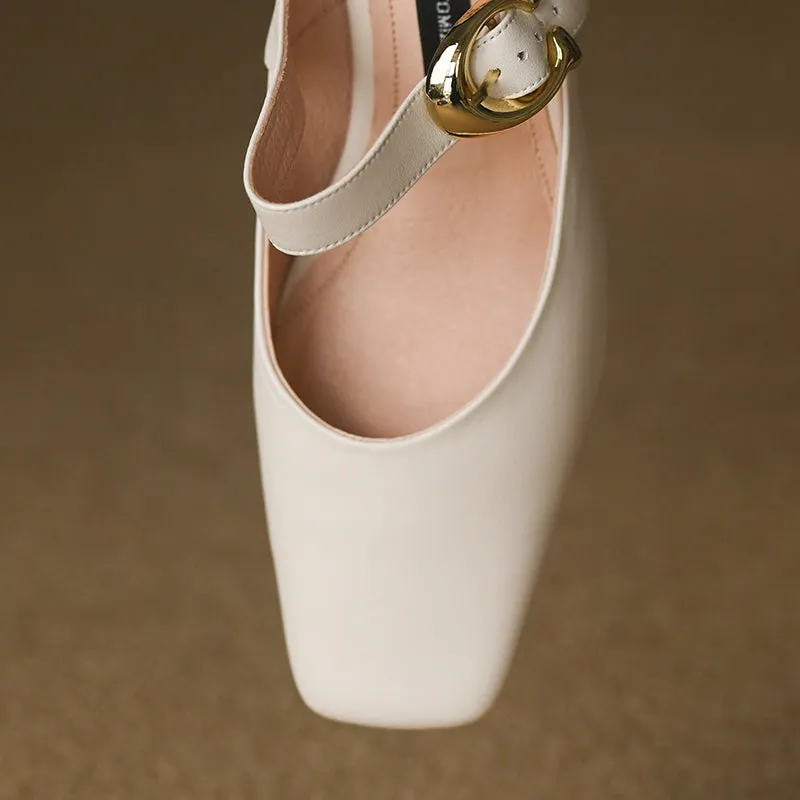 Women's Square Toe Comfortable Buckle Up Chunky Heel Mule Pump
