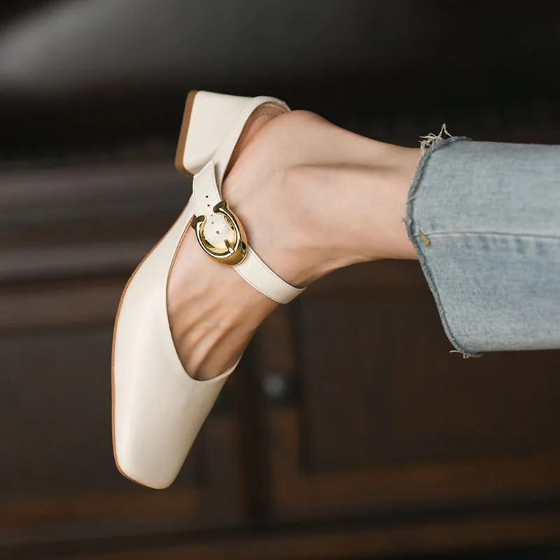 Women's Square Toe Comfortable Buckle Up Chunky Heel Mule Pump