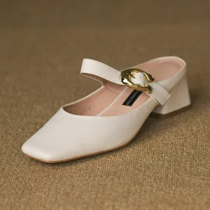 Women's Square Toe Comfortable Buckle Up Chunky Heel Mule Pump
