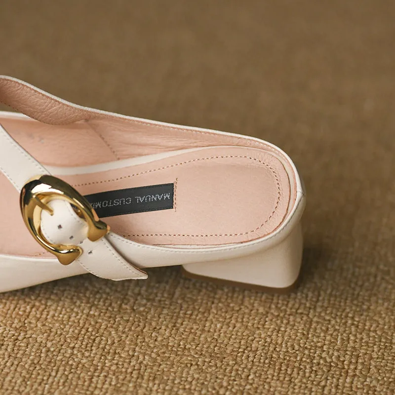 Women's Square Toe Comfortable Buckle Up Chunky Heel Mule Pump