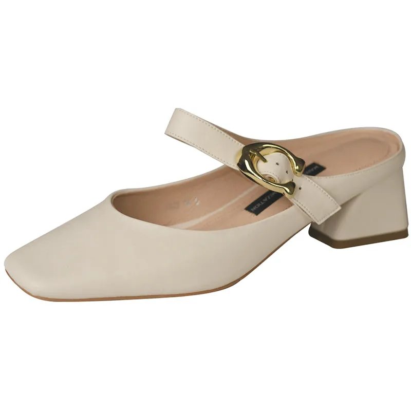 Women's Square Toe Comfortable Buckle Up Chunky Heel Mule Pump