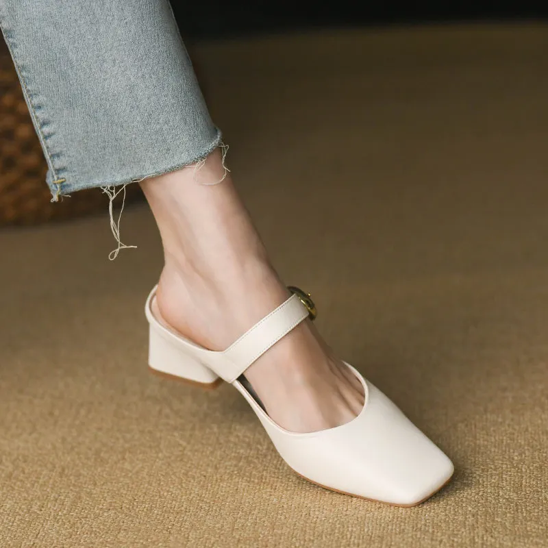 Women's Square Toe Comfortable Buckle Up Chunky Heel Mule Pump