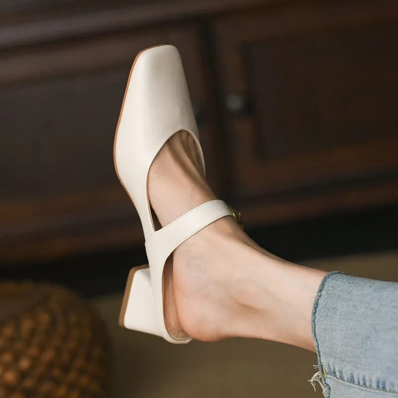 Women's Square Toe Comfortable Buckle Up Chunky Heel Mule Pump