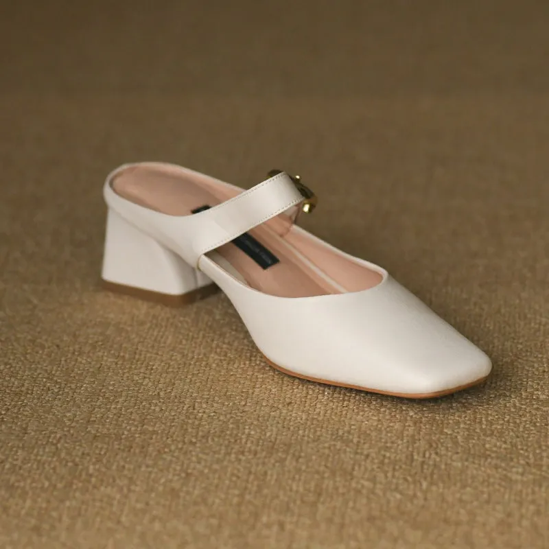 Women's Square Toe Comfortable Buckle Up Chunky Heel Mule Pump