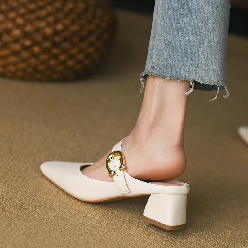 Women's Square Toe Comfortable Buckle Up Chunky Heel Mule Pump
