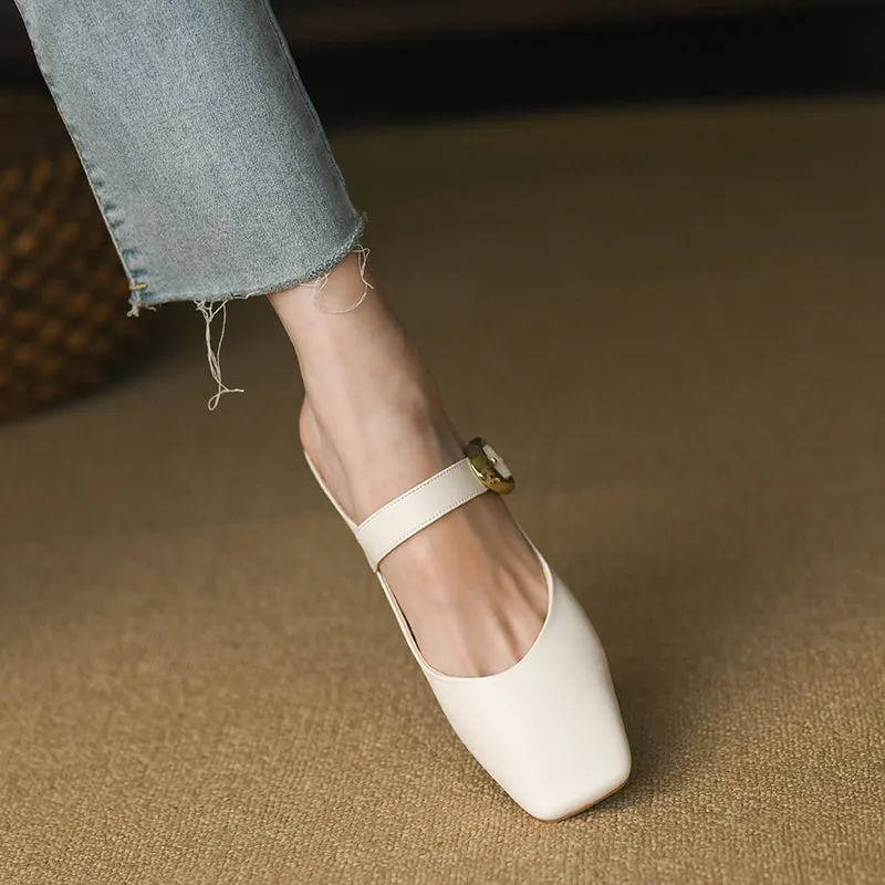Women's Square Toe Comfortable Buckle Up Chunky Heel Mule Pump