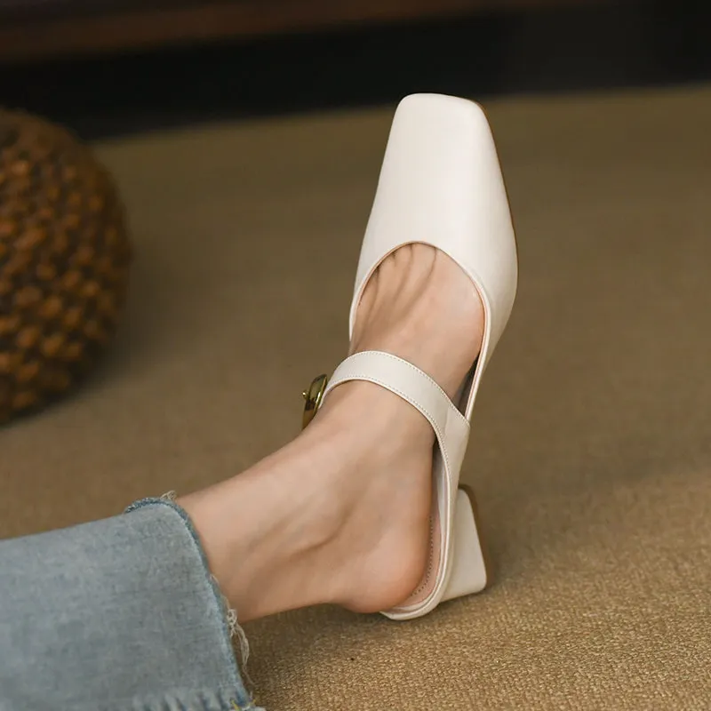 Women's Square Toe Comfortable Buckle Up Chunky Heel Mule Pump