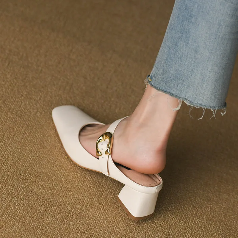 Women's Square Toe Comfortable Buckle Up Chunky Heel Mule Pump