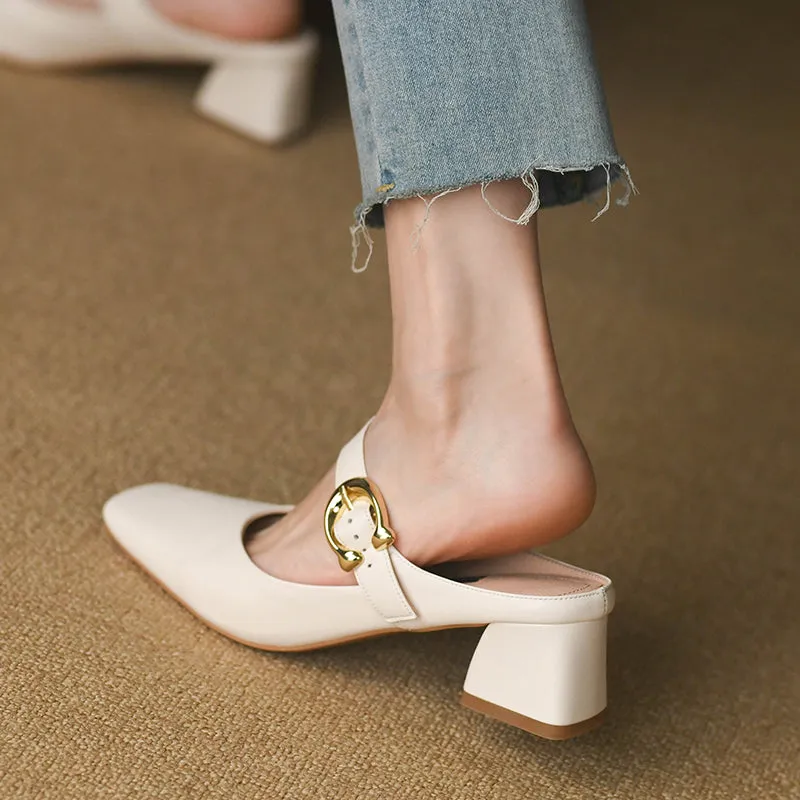 Women's Square Toe Comfortable Buckle Up Chunky Heel Mule Pump