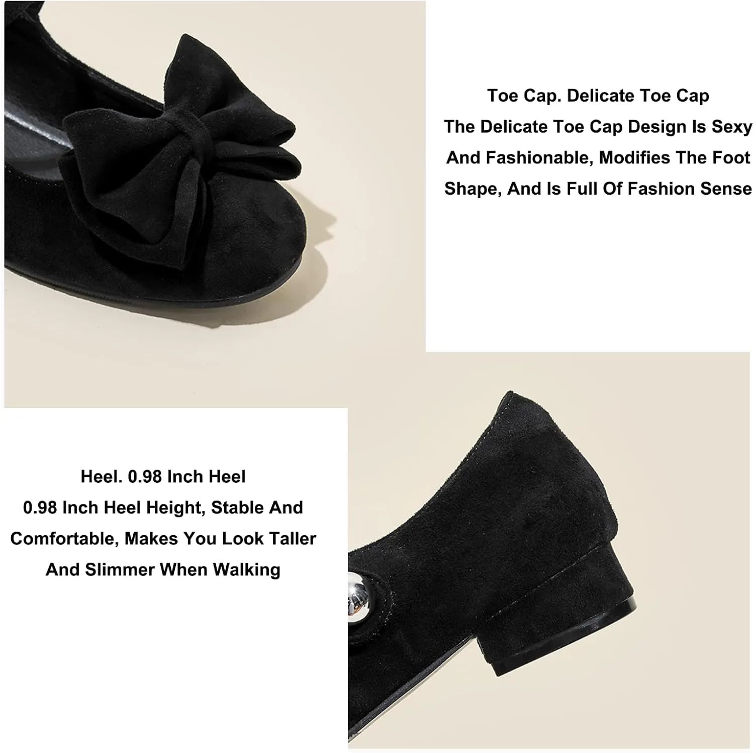 Women's Suede Bow Chunky Heel Mary Jane Shoes Retro Round Toe One-Word Buckle Non-Slip Party Date Casual Cute Flat Shoes