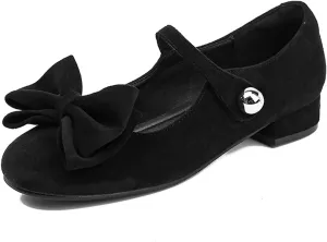 Women's Suede Bow Chunky Heel Mary Jane Shoes Retro Round Toe One-Word Buckle Non-Slip Party Date Casual Cute Flat Shoes