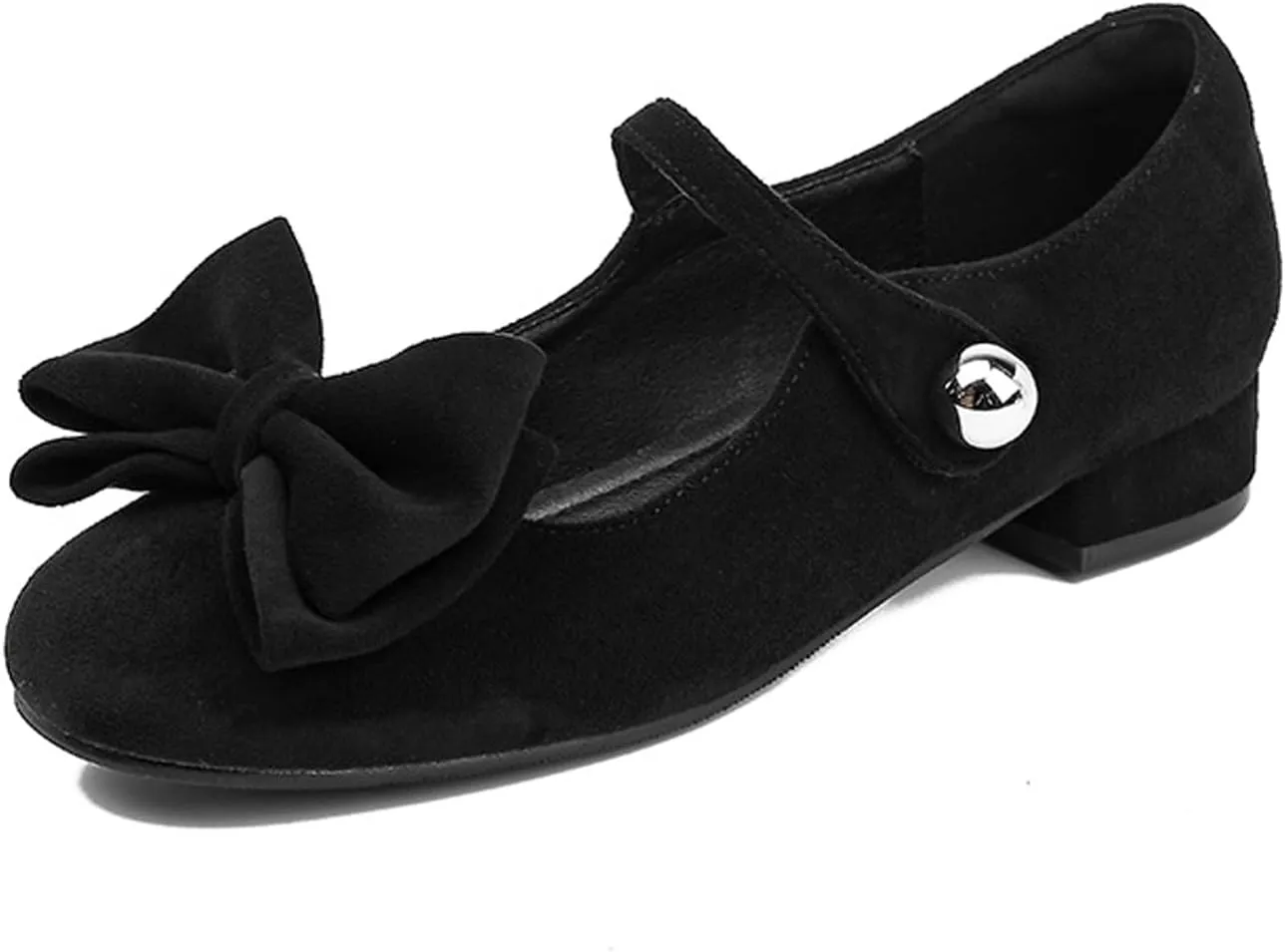 Women's Suede Bow Chunky Heel Mary Jane Shoes Retro Round Toe One-Word Buckle Non-Slip Party Date Casual Cute Flat Shoes