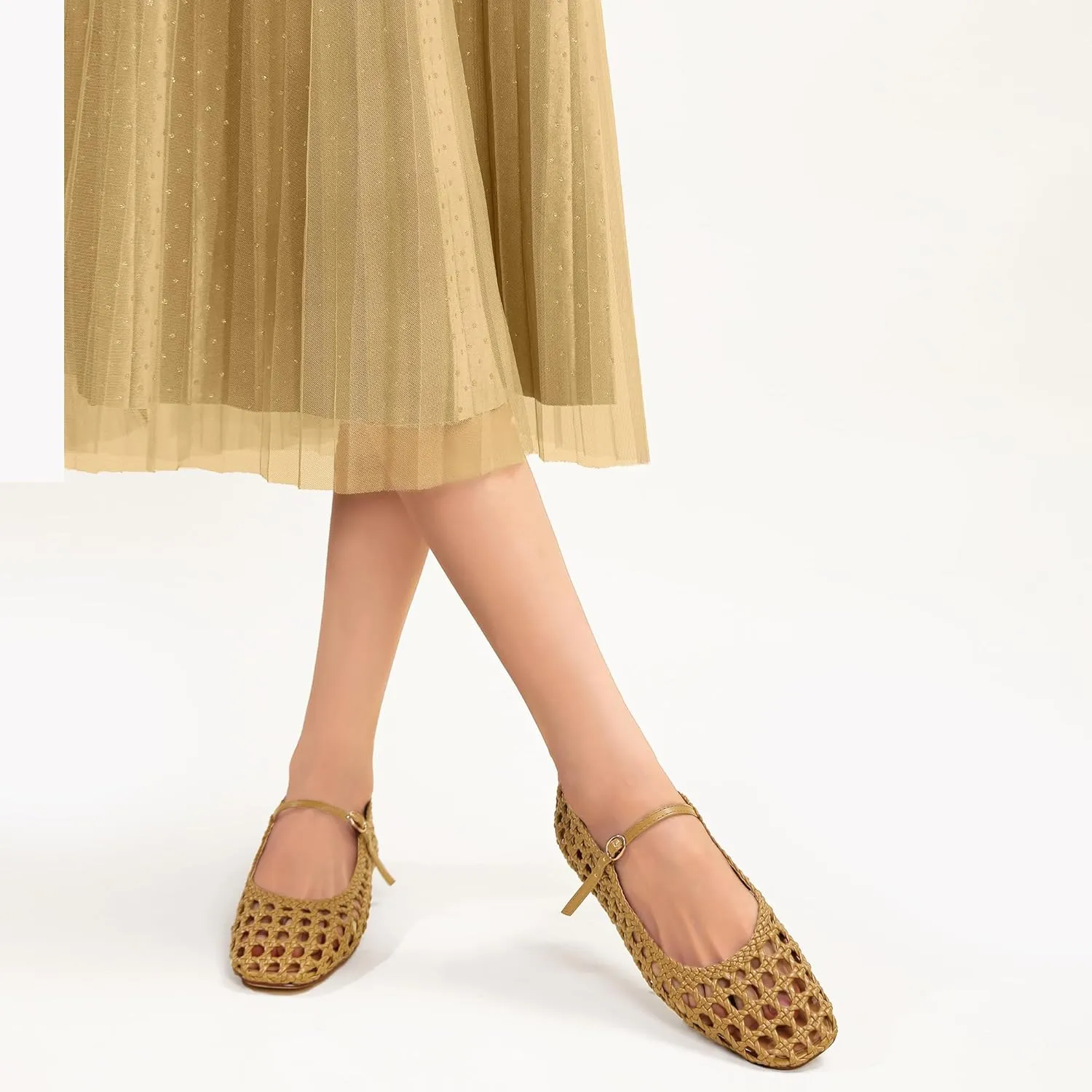 Woven Mesh Ballet Flats for Women with Metal Buckle Strap Ballerina Flat Shoes Comfortable Round Toe Mary Jane Flat.