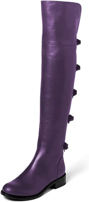 XYD Women Over The Knee Thigh High Leather Riding Boots Chunky Heel Round Toe Cute Rear Bowknots Stretchy Zipper Flat Booties Shoes