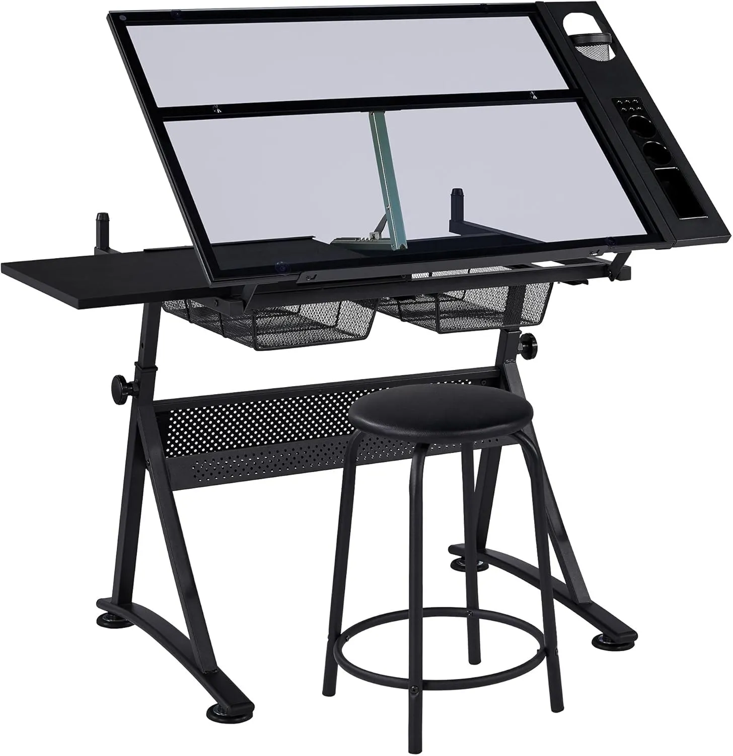 Yaheetech Drafting Table w/Stool Height Adjustable Multifunctional Art Craft Artists Desk Tilting Glass Tabletop Diamond Paintings Work Station w/2 Storage Drawers for Home Office