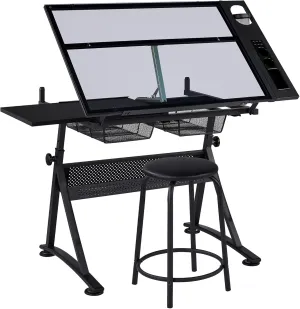 Yaheetech Drafting Table w/Stool Height Adjustable Multifunctional Art Craft Artists Desk Tilting Glass Tabletop Diamond Paintings Work Station w/2 Storage Drawers for Home Office