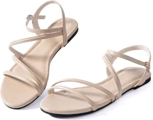 YANWENFANG Women Strappy Flat Sandals, Leather Dressy Summer Slides