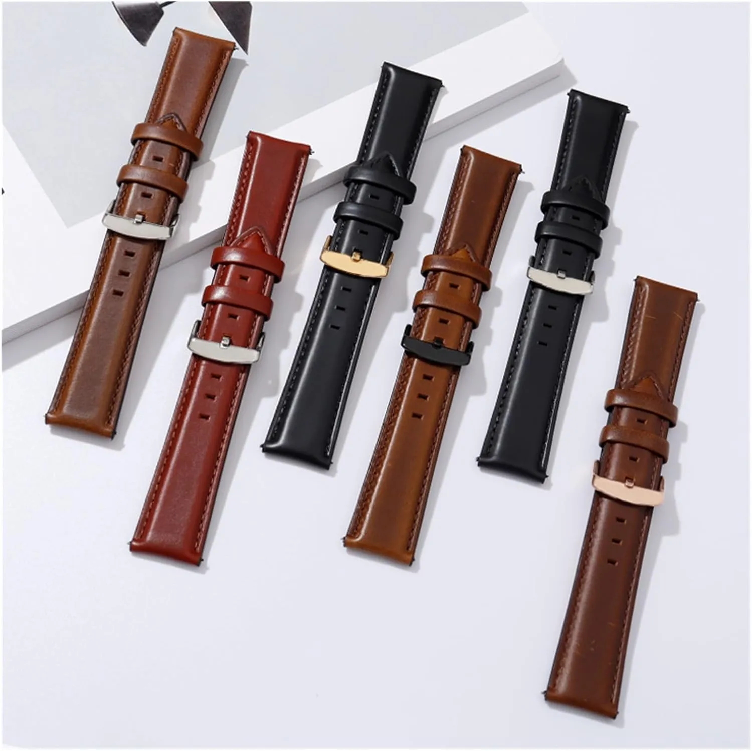 yaoqijie Genuine Leather Watch Band Rose Gold Clasp Black Brown Bracelet 18mm 20mm 22mm Quick Release Leather Watch Strap Watch Wristband lasting