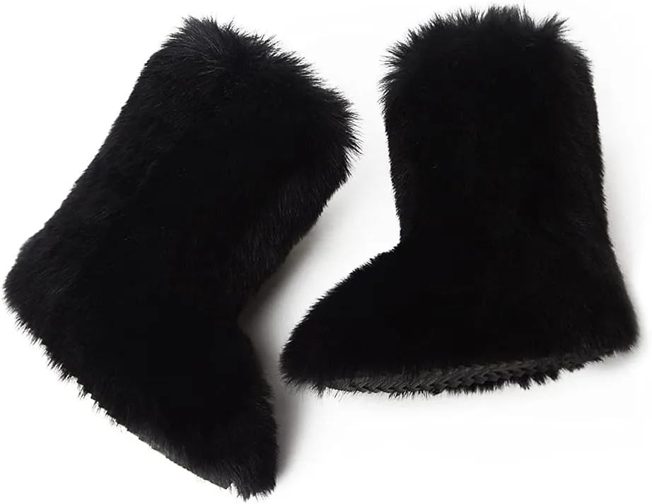 ZOSCGJMY Faux Fur Boots for Women Fuzzy Fluffy Furry Round Toe Suede Winter Snow Boots Flat Shoes